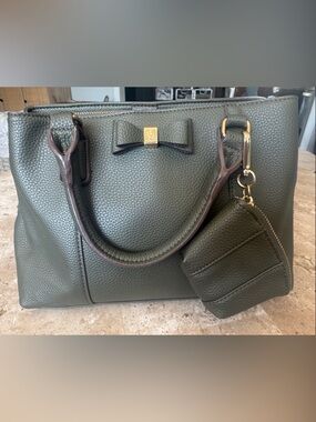 Olive Green Pebbled Leather Tote with Bow Accent